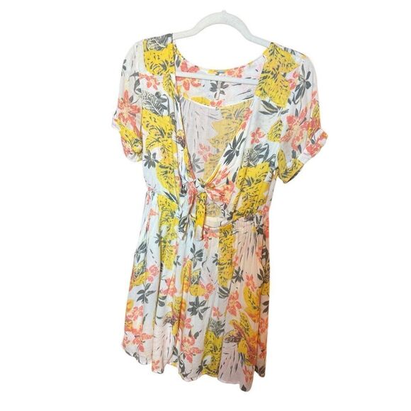 Free People Part Time Lover Floral Tie Front Mini Dress Sz 4 yellow gray - Picture 2 of 10